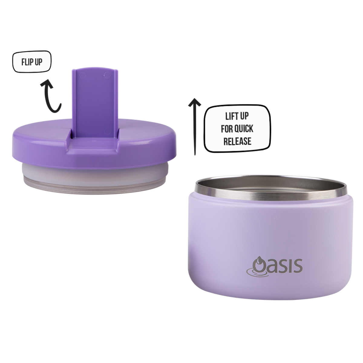 Oasis Stainless Steel Double Wall Insulated Food Flask -300mL. Purple insulated container with flip-up lid and 'Oasis' branding on a white background