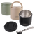 Oasis Stainless Steel Double Wall Insulated Food Flask - 550mL. Set of Oasis insulated containers with lids and a fork on a white background