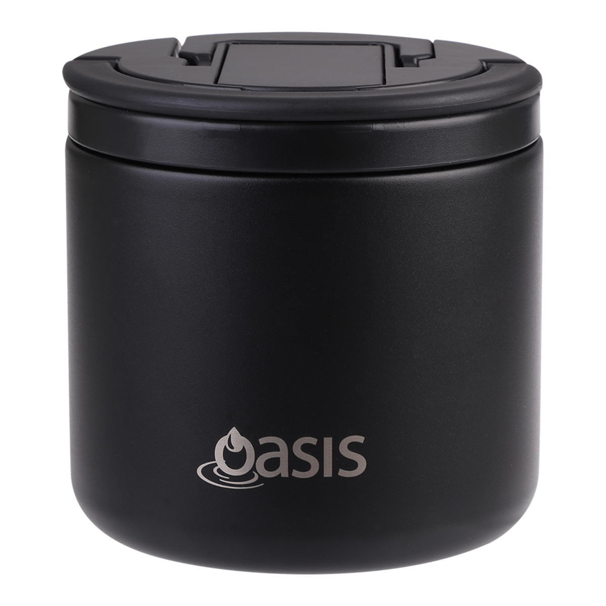 Oasis Stainless Steel Double Wall Insulated Food Flask - 550mL. Set of Oasis insulated containers with lids and a fork on a white background