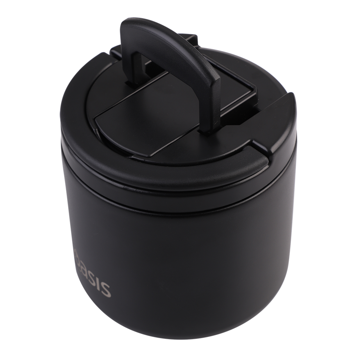 Oasis Stainless Steel Double Wall Insulated Food Flask - 550mL. Black insulated mug with lid on a white background