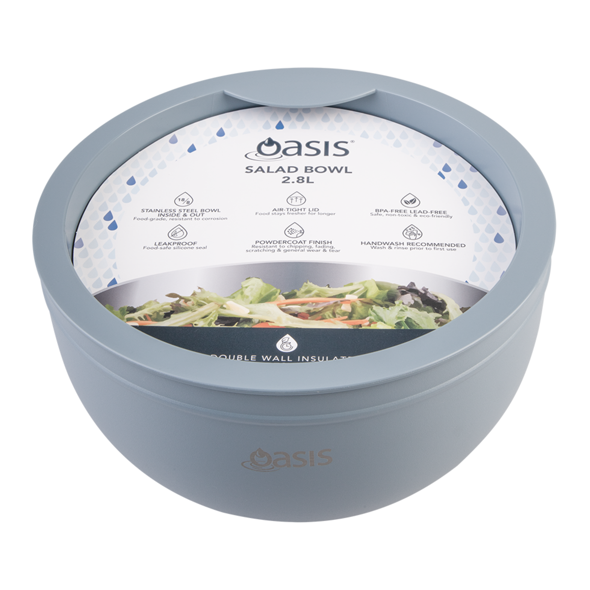 Oasis Stainless Steel 2.8 L Double Wall Salad Bowl with Lid. Gray planter with 'Oasis' branding on a white background