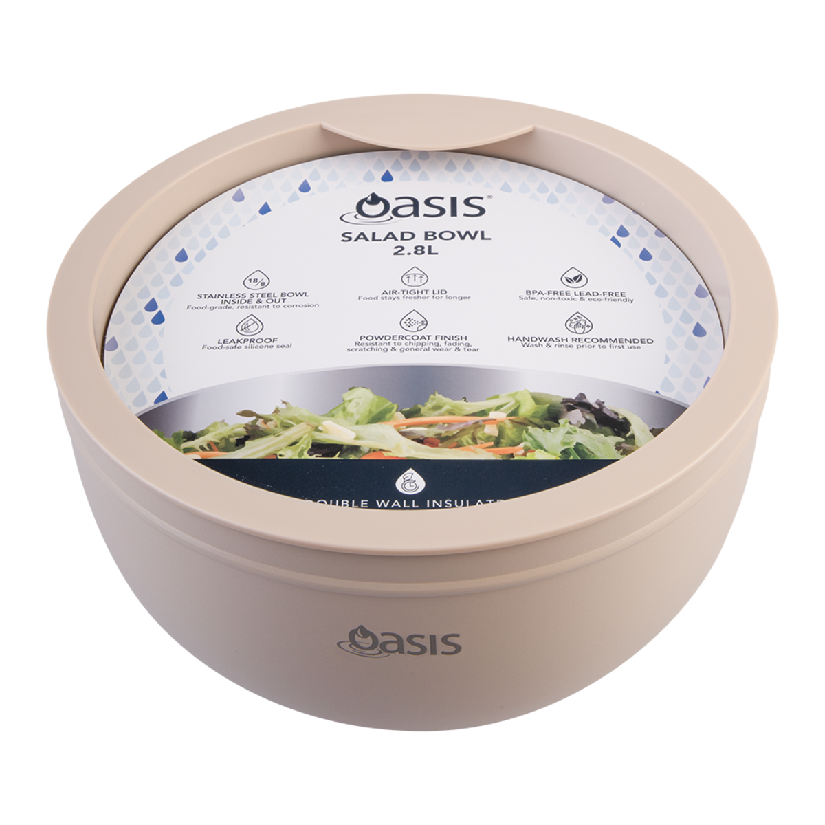 Oasis Stainless Steel 2.8 L Double Wall Salad Bowl with Lid. Beige salad bowl with 'Oasis' branding and salad image on a white background