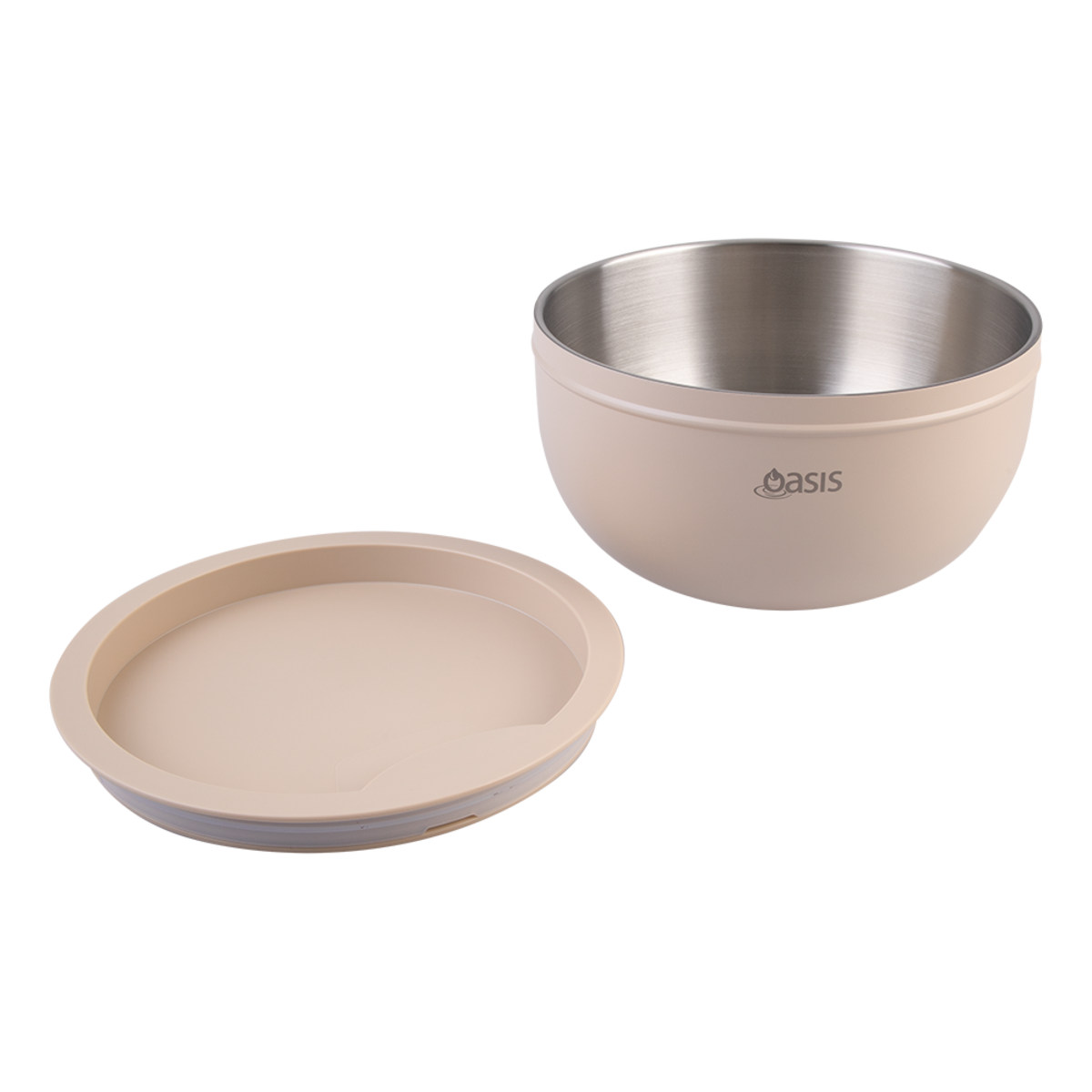 Oasis Stainless Steel 2.8 L Double Wall Salad Bowl with Lid. Two beige and silver bowls with 'Oasis' branding on a white background