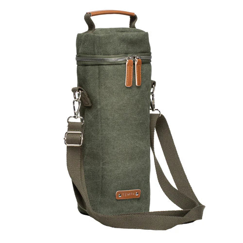 Kayce Olive Green Insulated Single Wine Bag. Green canvas wine bag with shoulder strap and brown accents on a white background