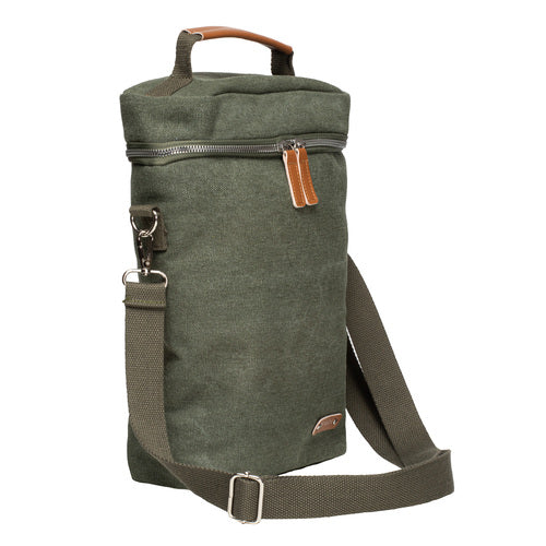 Kayce Olive Green Insulated Double Wine Bag. Green wine bag with brown handle and strap on a white background