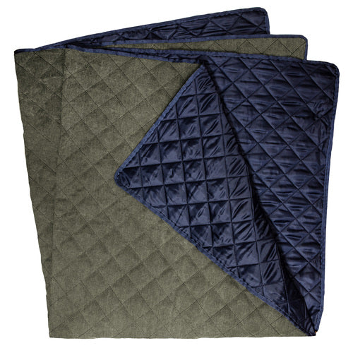 Kayce Olive Green Picnic Blanket. Quilted picnic blanket, one green and one navy, on a white background.