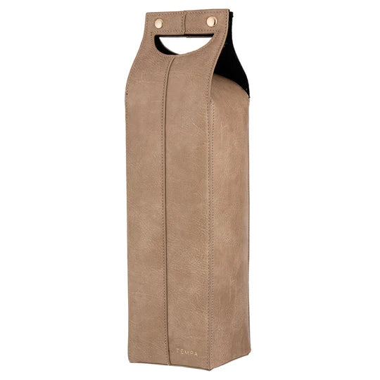 Harley Latte Single Wine Bag. Brown wine bottle bag with 'Tempa' branding on a white background
