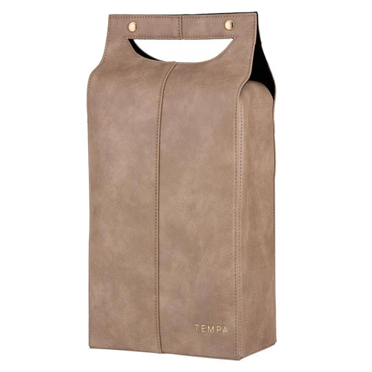 Harley Latte Double Wine Bag. Beige leather bag with gold accents on a white background
