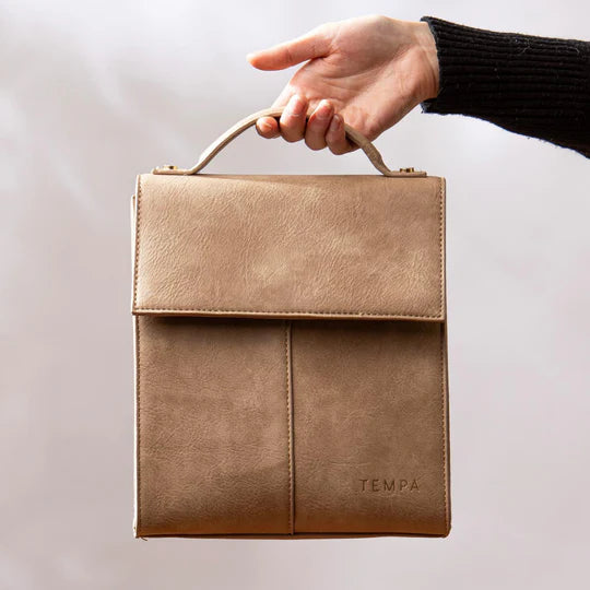 Harley Latte Lunch Bag. Brown suede backpack with 'TEMPA' branding on a white background
