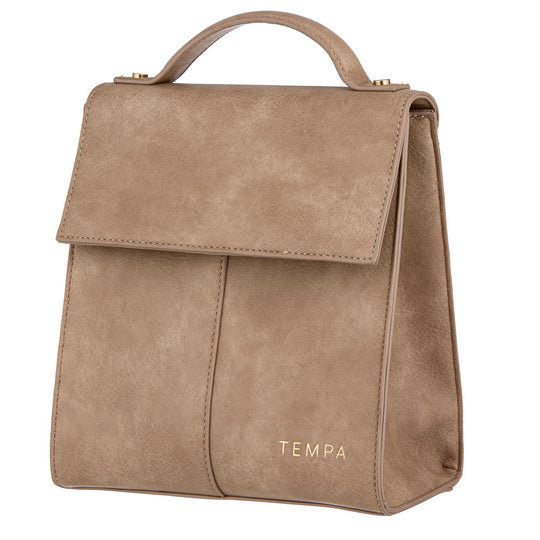 Harley Latte Lunch Bag. Brown suede backpack with 'TEMPA' branding on a white background