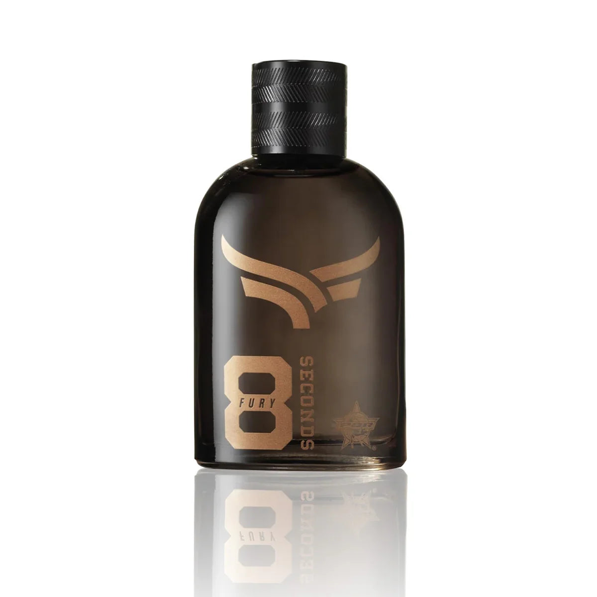 Brown perfume bottle with gold text on a white background