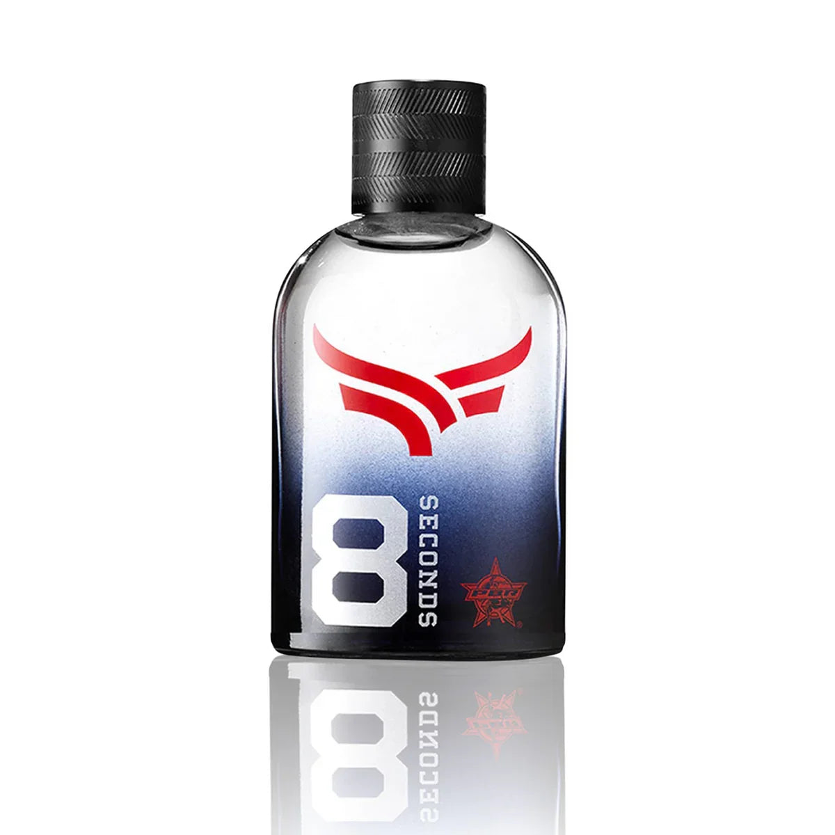 Clear perfume bottle with black cap and red and white logo on a white background