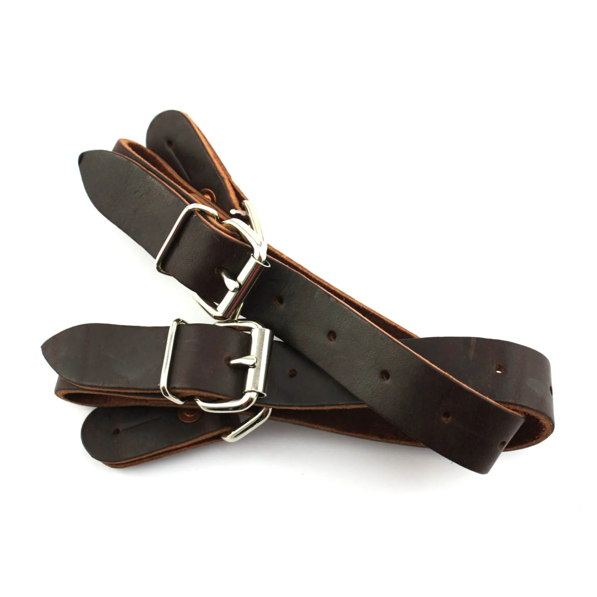 Barstow Bareback &amp; Bull Spur Straps. Brown leather belt with silver buckles on a white background