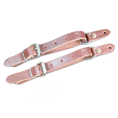 Barstow Saddle Bronc Leather Spur Straps. A pair of brown leather spur straps with metal buckles and solid copper rivets.