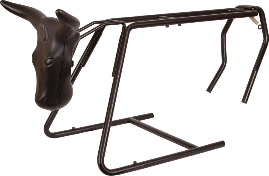 Decorative bull head mounted on a metal stand against a white background