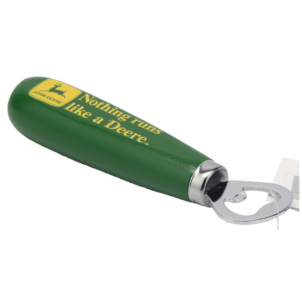 Nothing Runs Like a Deere Wooden Handle Bottle Opener. Green bottle opener with 'Nothing runs like a Deere' text on a white background