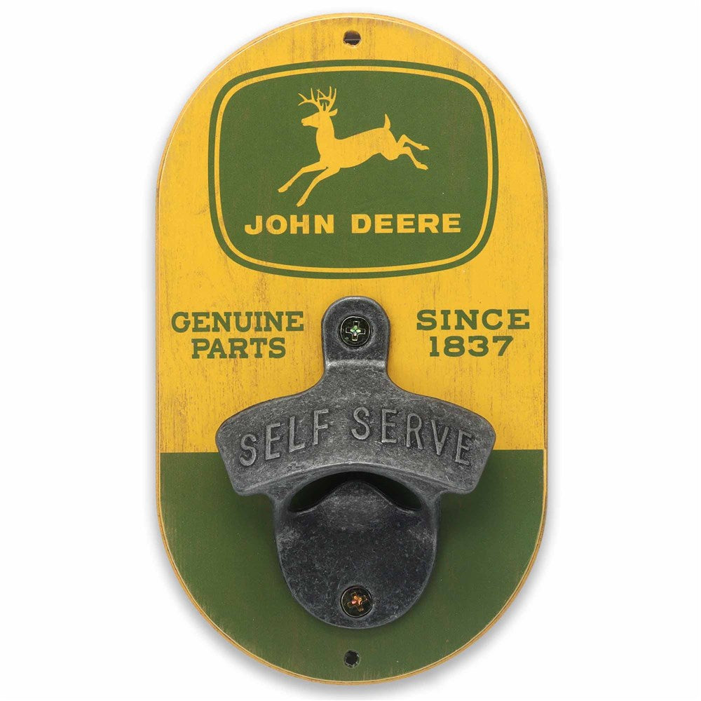 John Deere wall-mounted bottle opener with logo and text on a yellow and green background