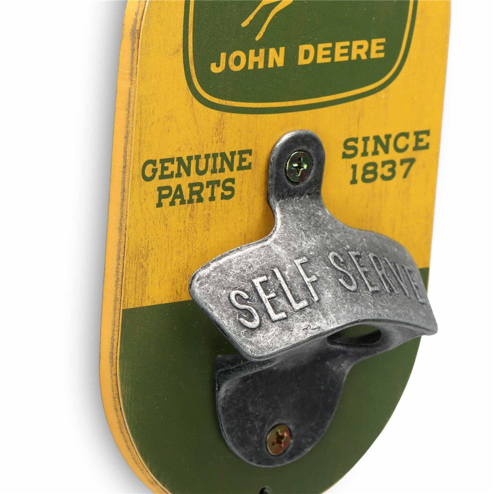 John Deere wall-mounted bottle opener with 'Self Serve' text on a yellow and green background.
