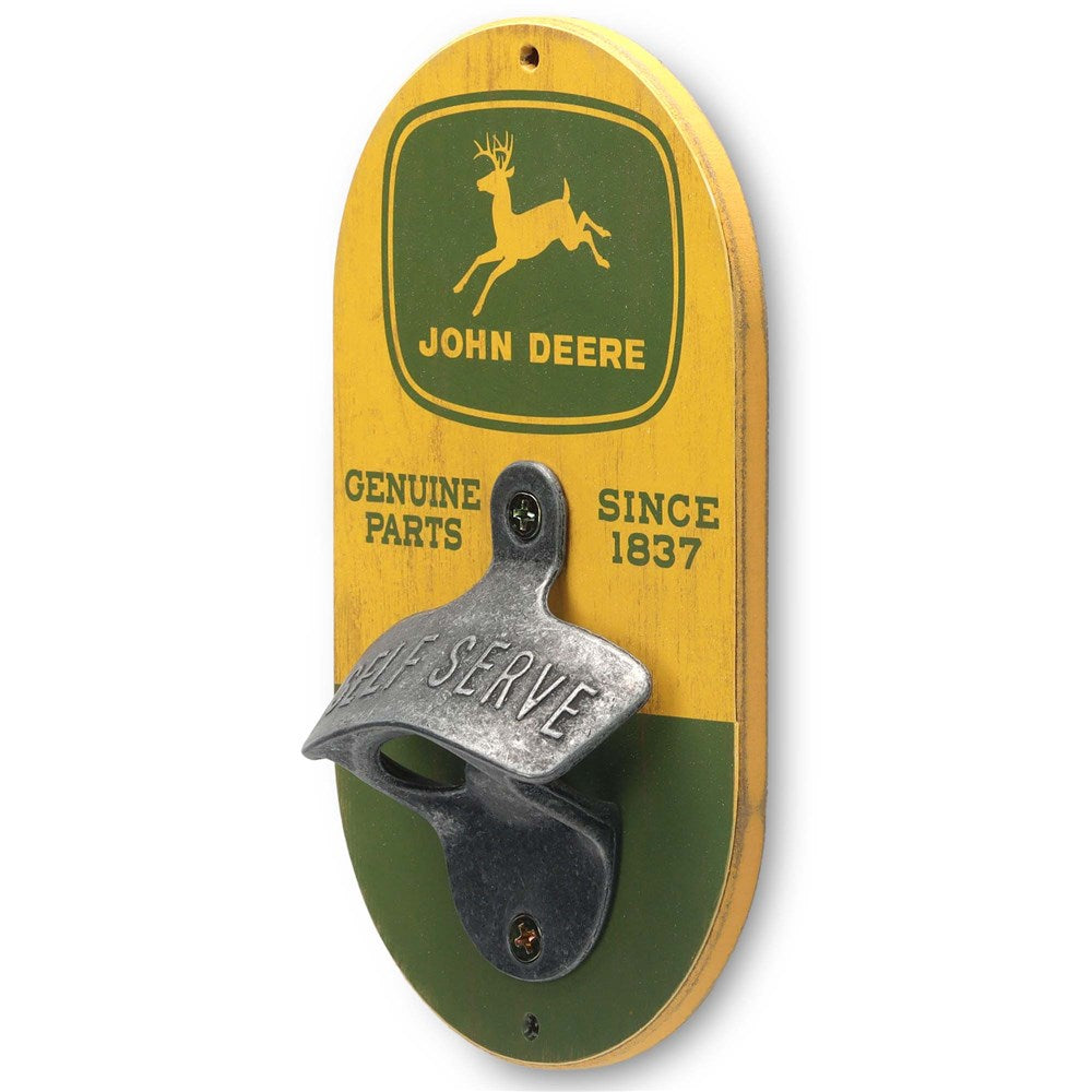 John Deere wall-mounted bottle opener with yellow and green design.