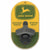 John Deere wall-mounted bottle opener with logo and text on a yellow and green background