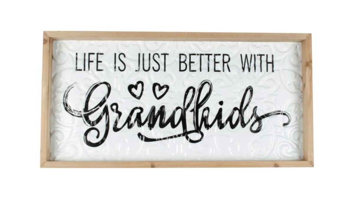 Pressed Metal Grandkids with Timber Frame. Decorative sign with &#39;Life is just better with Grandkids&#39; text on a white background