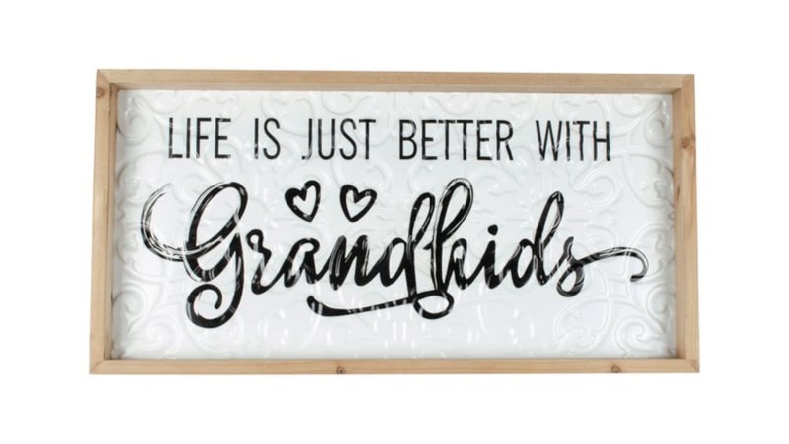Pressed Metal Grandkids with Timber Frame. Decorative sign with 'Life is just better with Grandkids' text on a white background