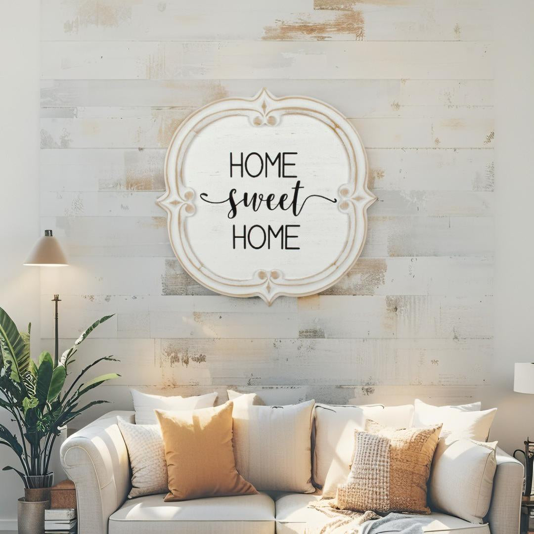 Home Sweet Home Wall Art. Living room with 'Home sweet home' sign on a wooden wall