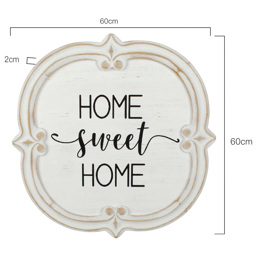Home Sweet Home Wall Art. Decorative sign with 'Home sweet home' text on a white background with measurements.