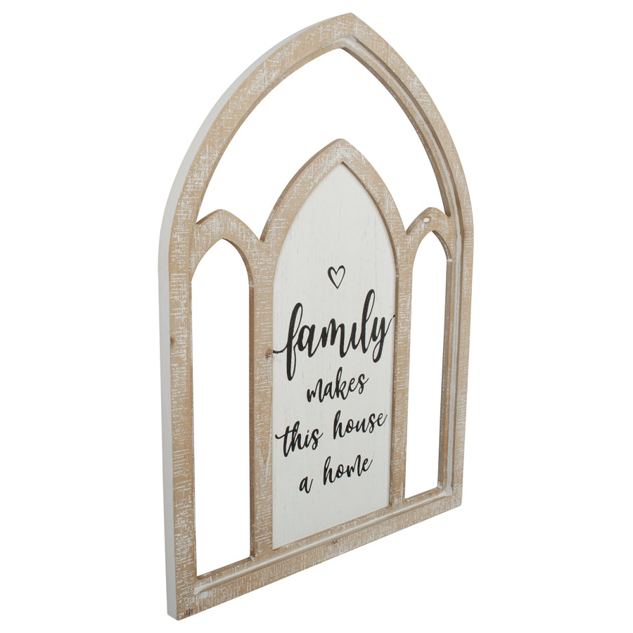 Arch ‘Family Makes Home’ Wall Art. Decorative sign with 'family makes this house a home' text in an arch-shaped frame.