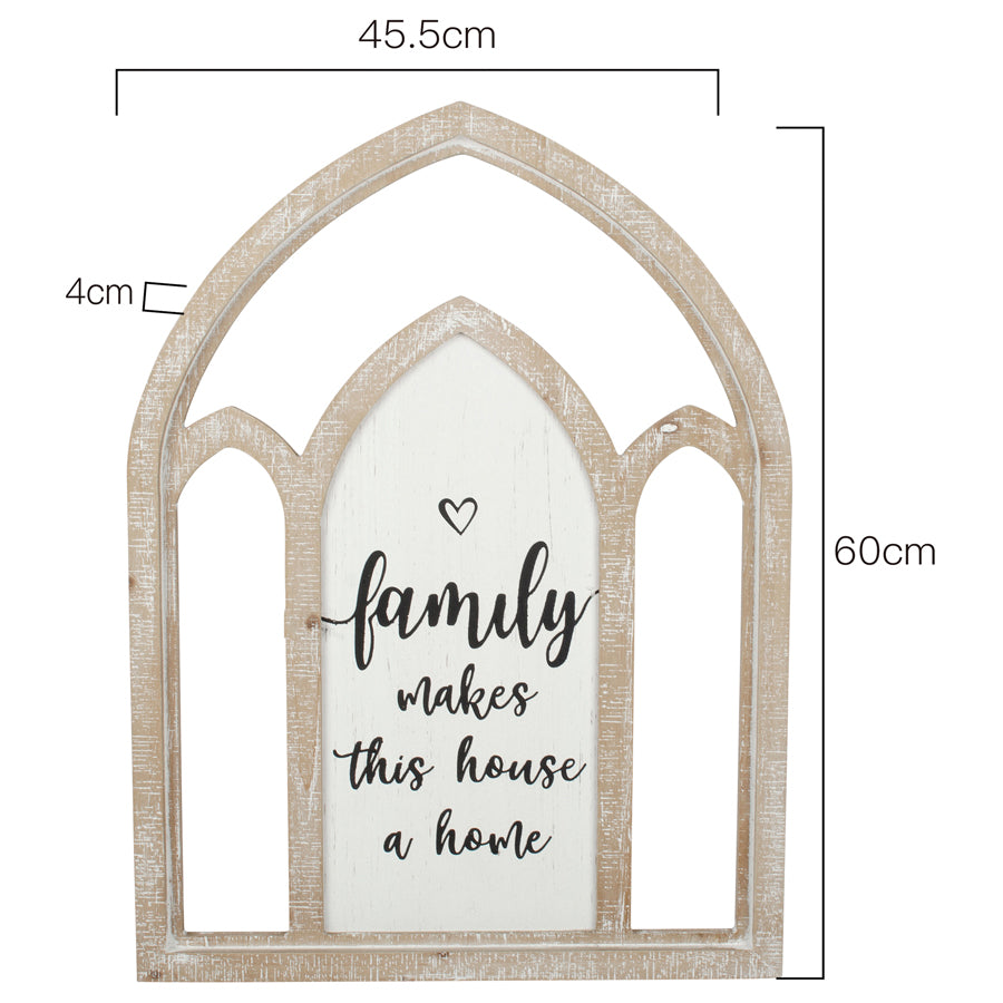 Arch ‘Family Makes Home’ Wall Art. Decorative sign with 'family makes this house a home' text and measurements on a white background
