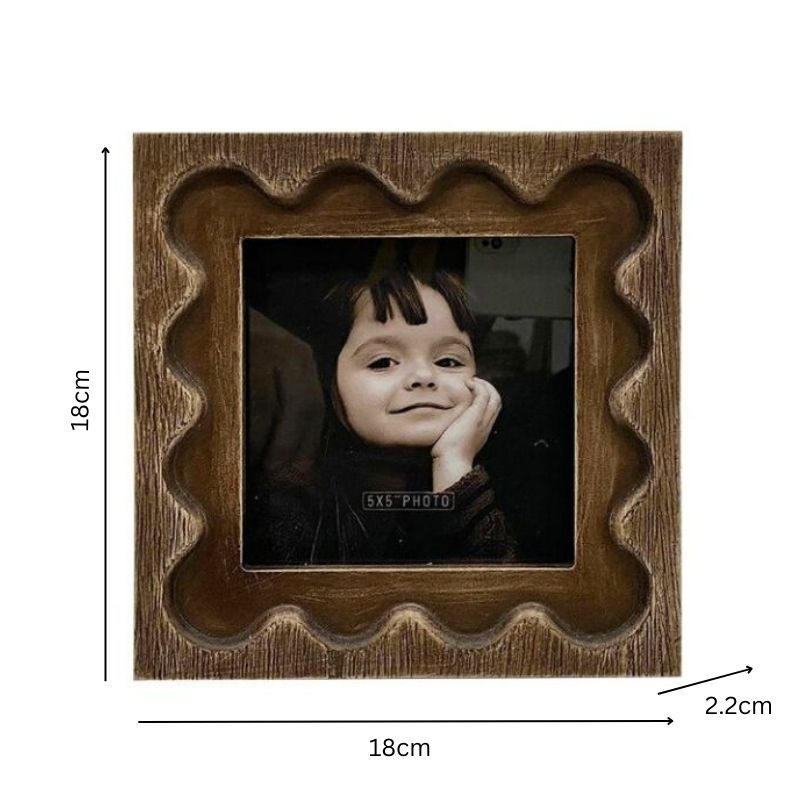 Designer Photo FrameWooden photo frame with a child's photo inside, showing dimensions on a white background. 