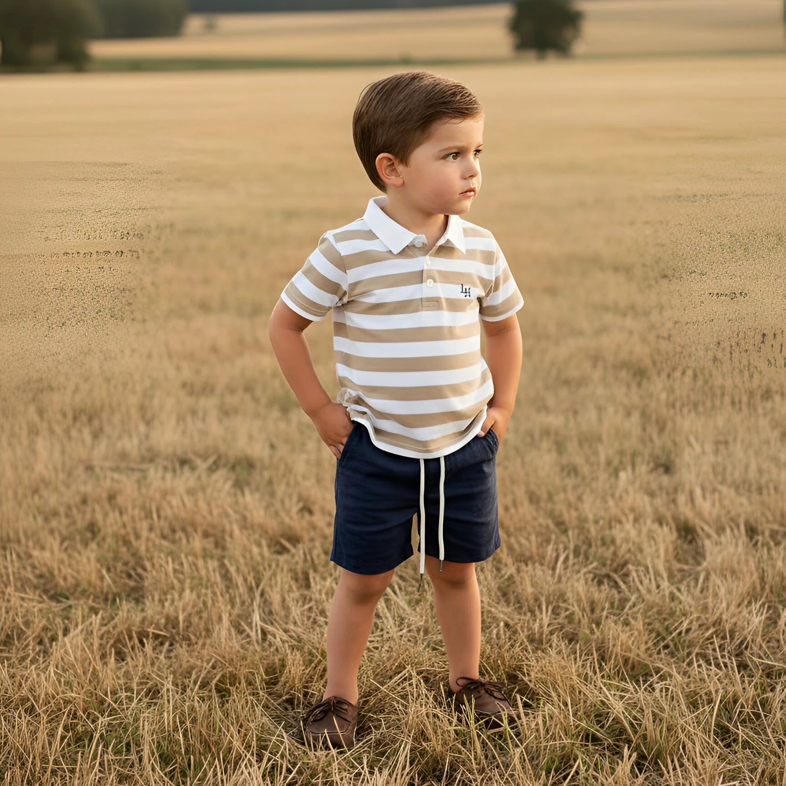A young boy stands in a dry grass field wearing a beige and white horizontally striped polo shirt with navy blue shorts and brown shoes.