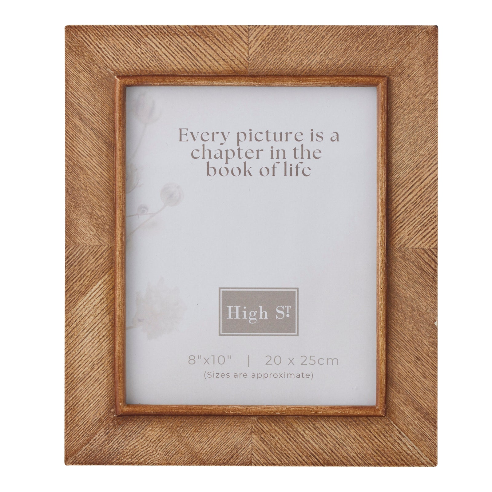 Wooden picture frame with text on a white background