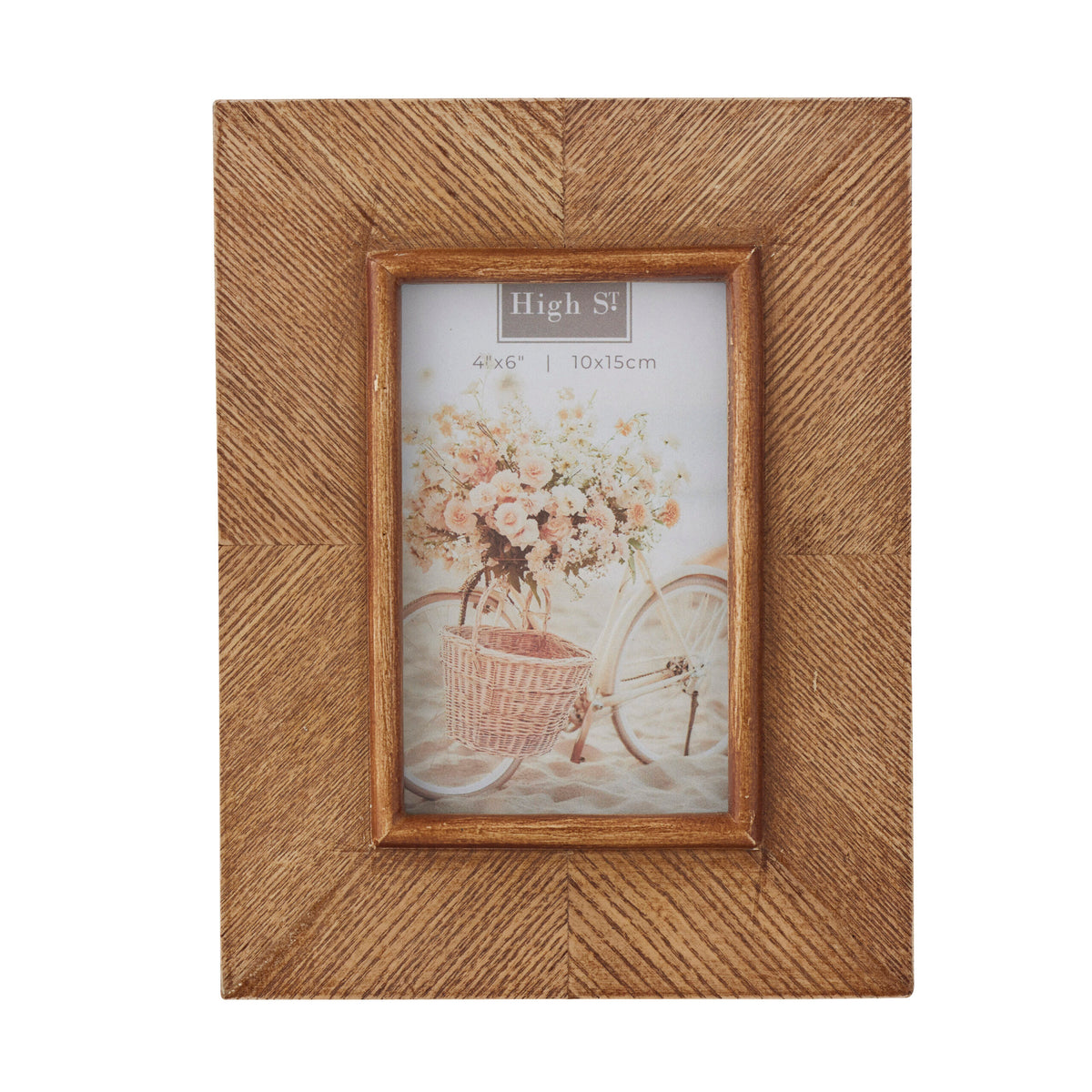 Wooden photo frame with a printed image of a bicycle and basket on a white background