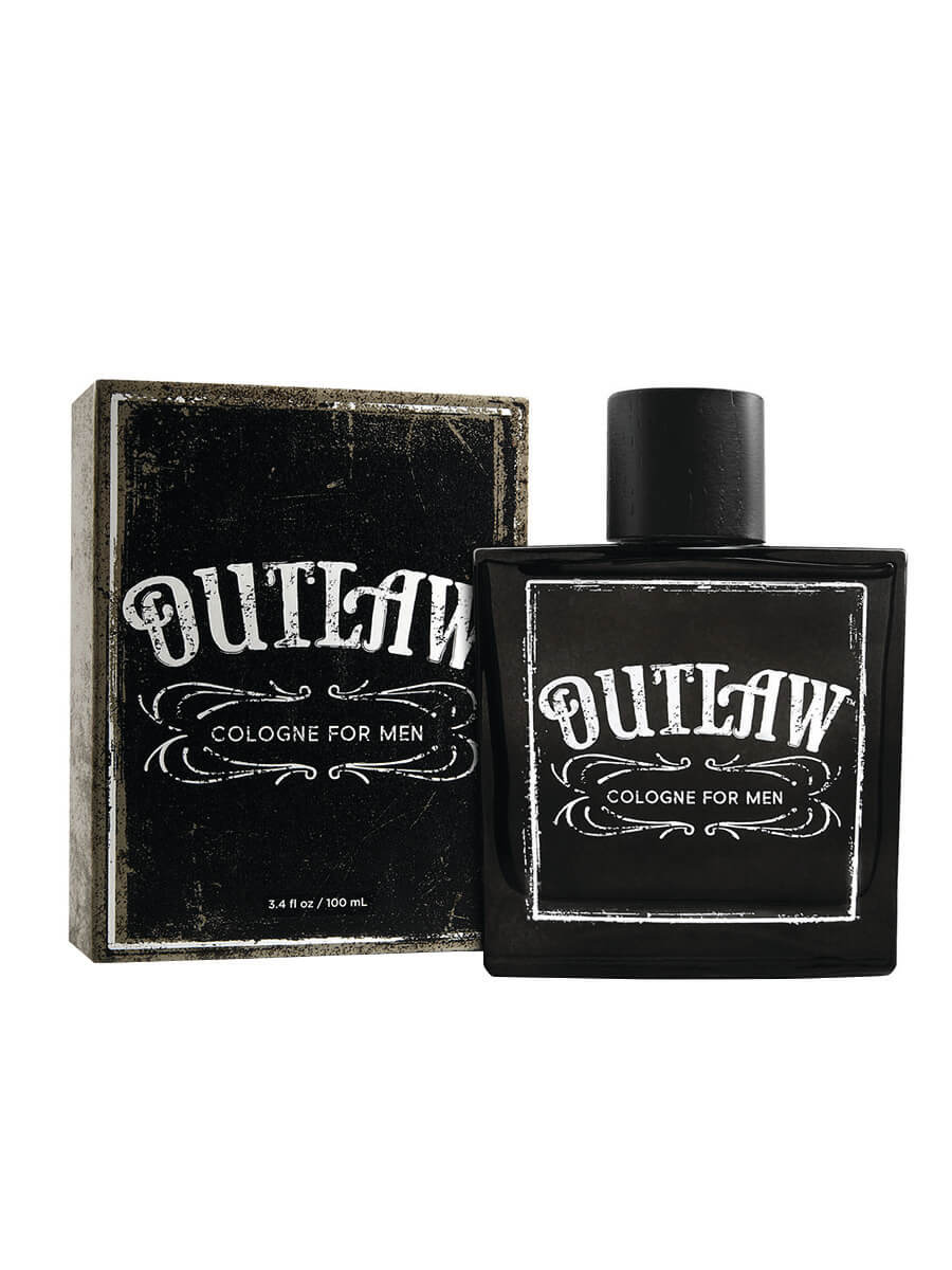 Tru Western Men's Outlaw Eau De Cologne bottle and packaging, predominantly black with white and red text.