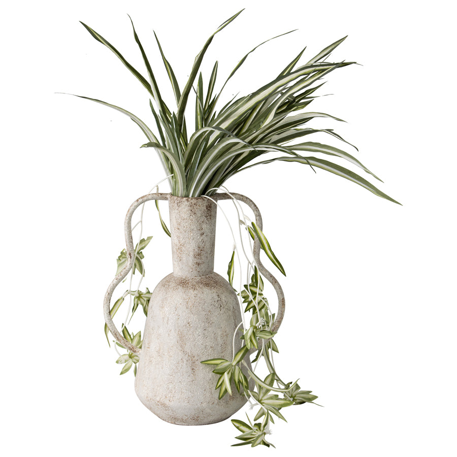 Artisan Aged Vase with Abstract Handles. Decorative vase with rustic texture and handles on a white background