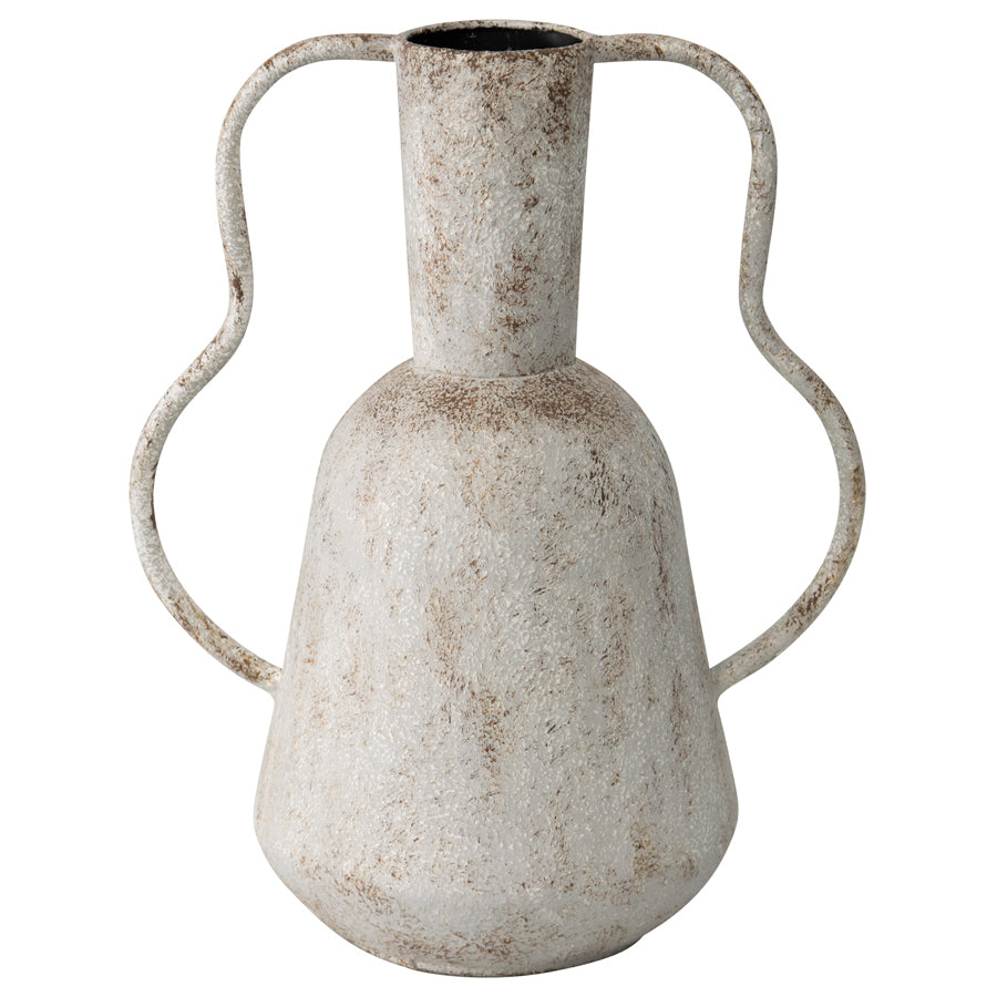 Artisan Aged Vase with Abstract Handles. Decorative vase with rustic texture and handles on a white background