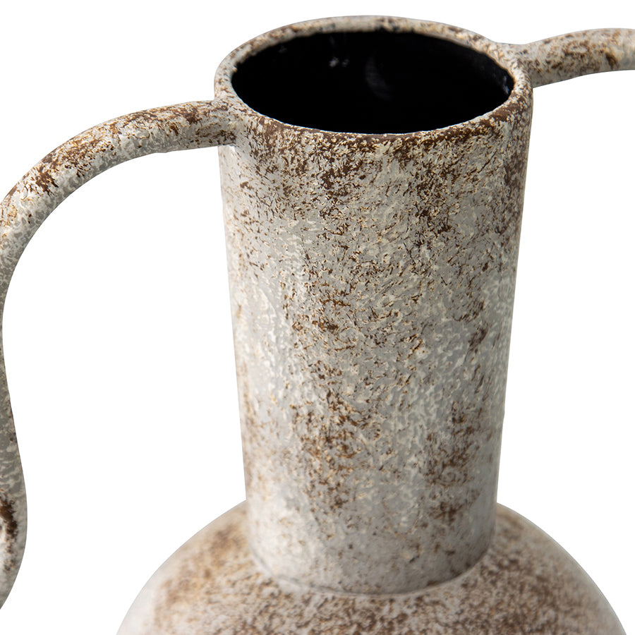 Artisan Aged Vase with Abstract Handles. Textured ceramic pitcher on a white background