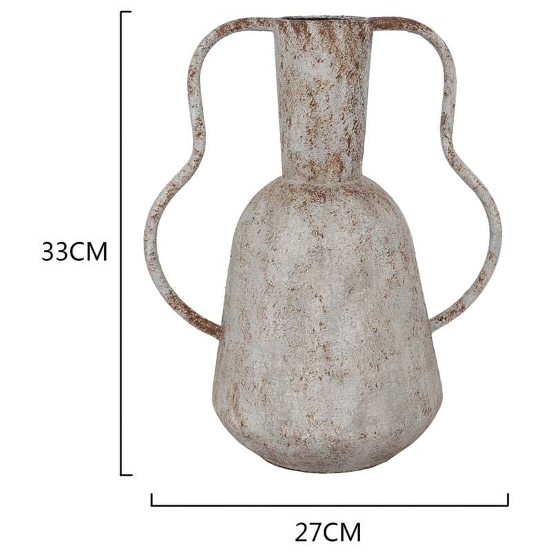 Artisan Aged Vase with Abstract Handles. Decorative vase with handles and dimensions on a white background