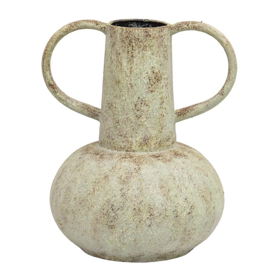 Artisan Aged Vase with Wide Base Handles. Vintage-style ceramic vase with handles on a white background