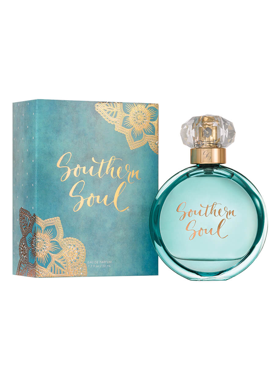 Tru Western Women's Southern Soul Parfum. A bottle of Tru Western Women's Southern Soul Parfum with a blue label and a matching blue box, featuring floral designs.