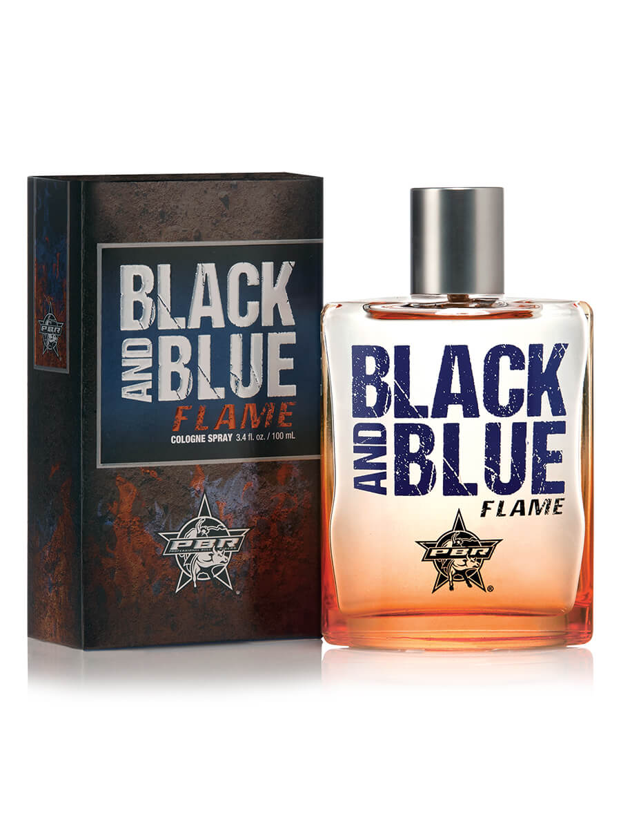 A product image featuring Tru Western Men's PBR Black & Blue Flame Cologne. The image shows the cologne bottle with a clear liquid inside, and the packaging box with the product name and branding.