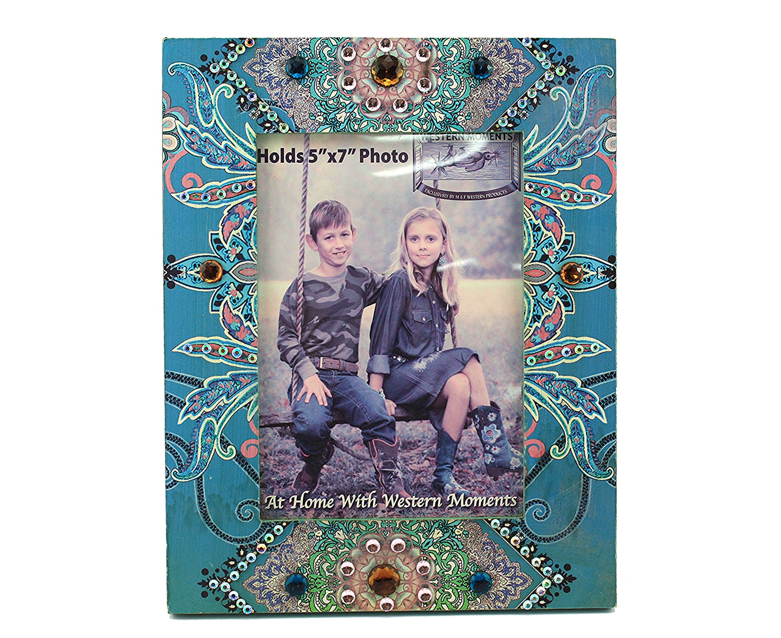 Nocona Paisley 5x7 Phot Frame. Decorative photo frame with a blue and green pattern holding a photo of two people.