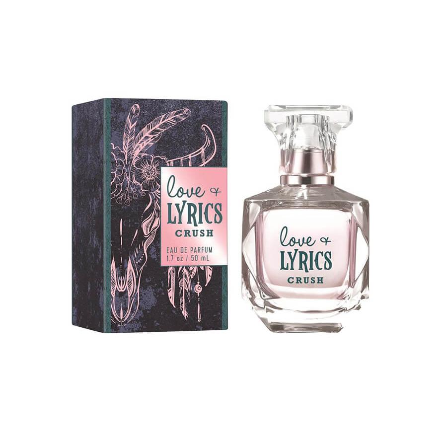 A bottle of Tru Western Women's Love & Lyrics Crush Eau De Parfum next to its packaging, which features a bird illustration.