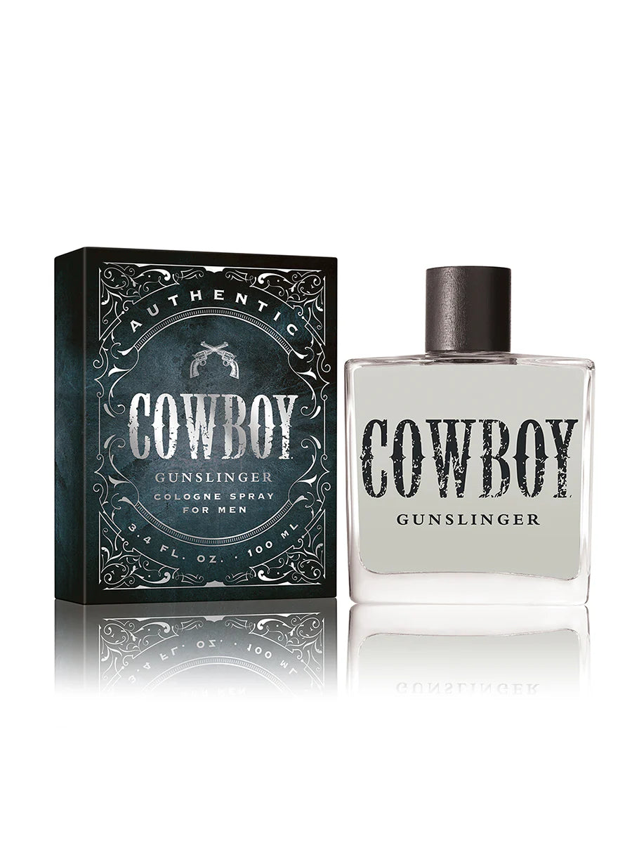 Tru Western Cowboy Gunslinger Cologne. Cowboy Gunslinger cologne spray bottle and packaging on a white background