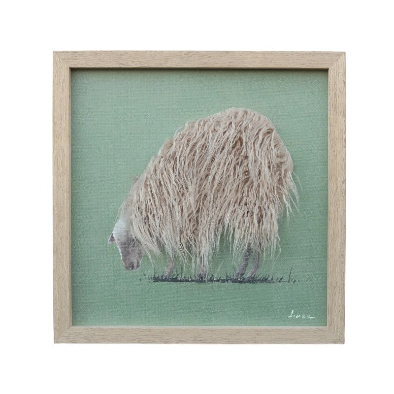Long-Haired Sheep Hand-Made Framed Canvas Wall Art. Framed artwork of a sheep on a green background