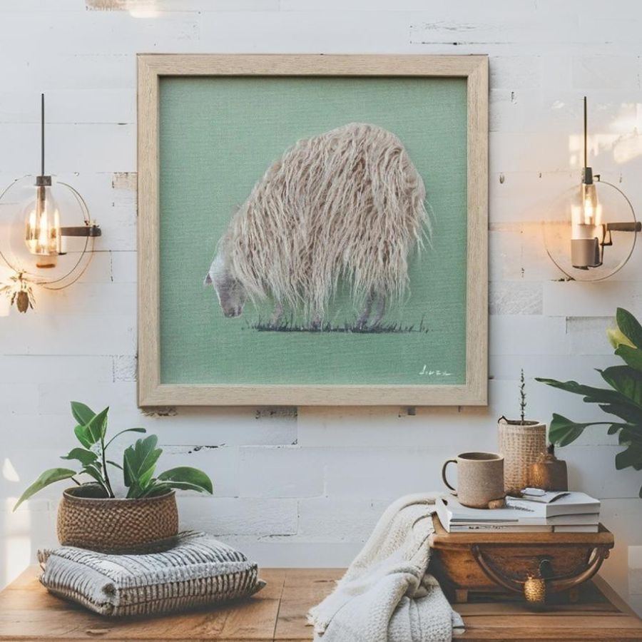 Long-Haired Sheep Hand-Made Framed Canvas Wall Art. Framed artwork of a fluffy animal on a wall with decorative elements below.