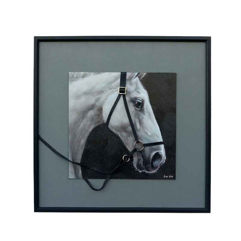 Horse w/3-D Bridle Framed Canvas Wall ArtFramed artwork of a horse's head with bridle on a gray background 