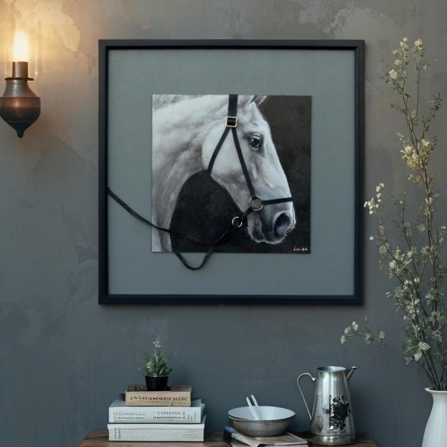 Horse w/3-D Bridle Framed Canvas Wall Art. Framed artwork of a horse's head with bridle on a gray background