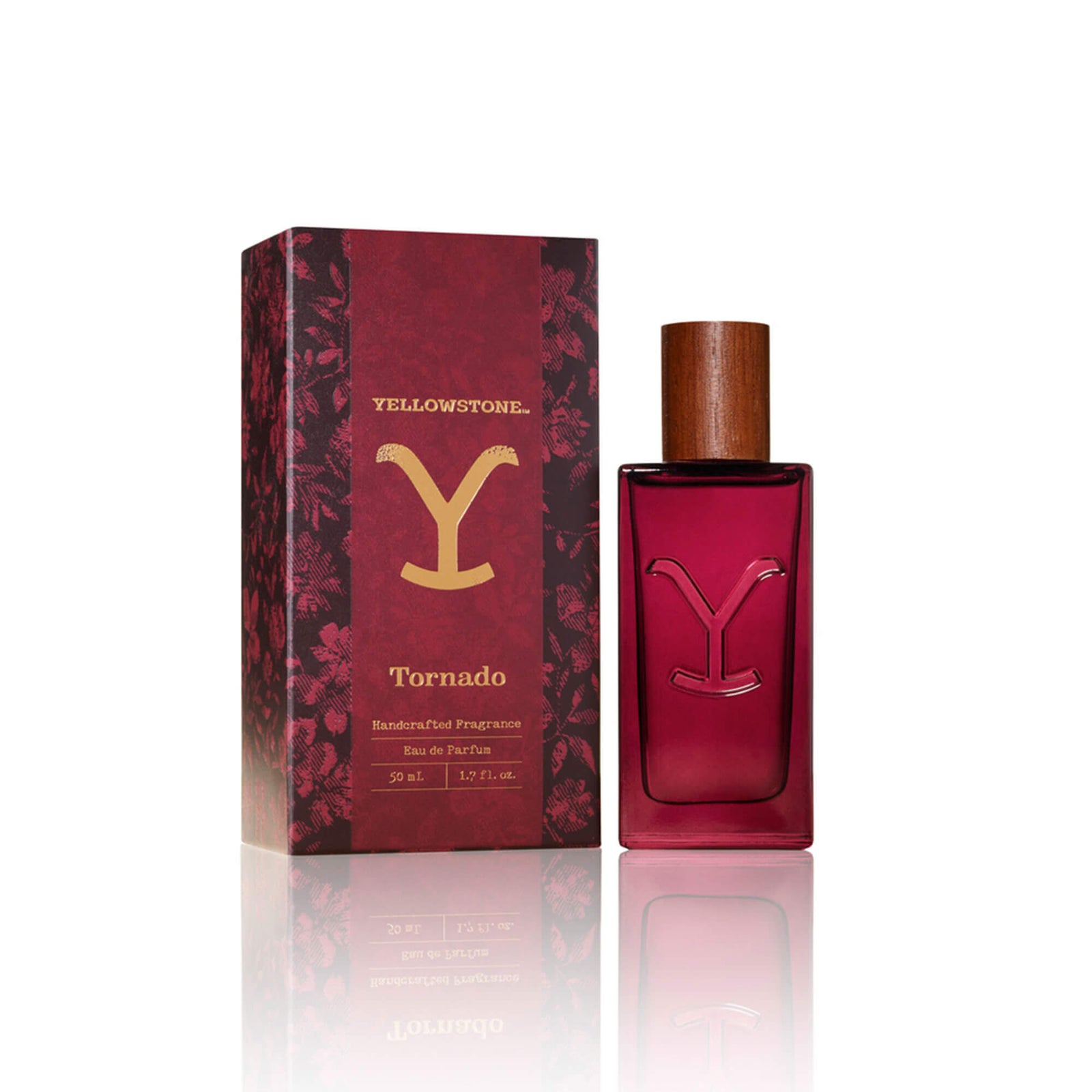Tru Western Women's Yellowstone Tornado. A product image featuring a red perfume bottle with a wooden cap next to its packaging box. The box has a gold 'Y' logo, reminiscent of the 'Yellowstone' series logo.